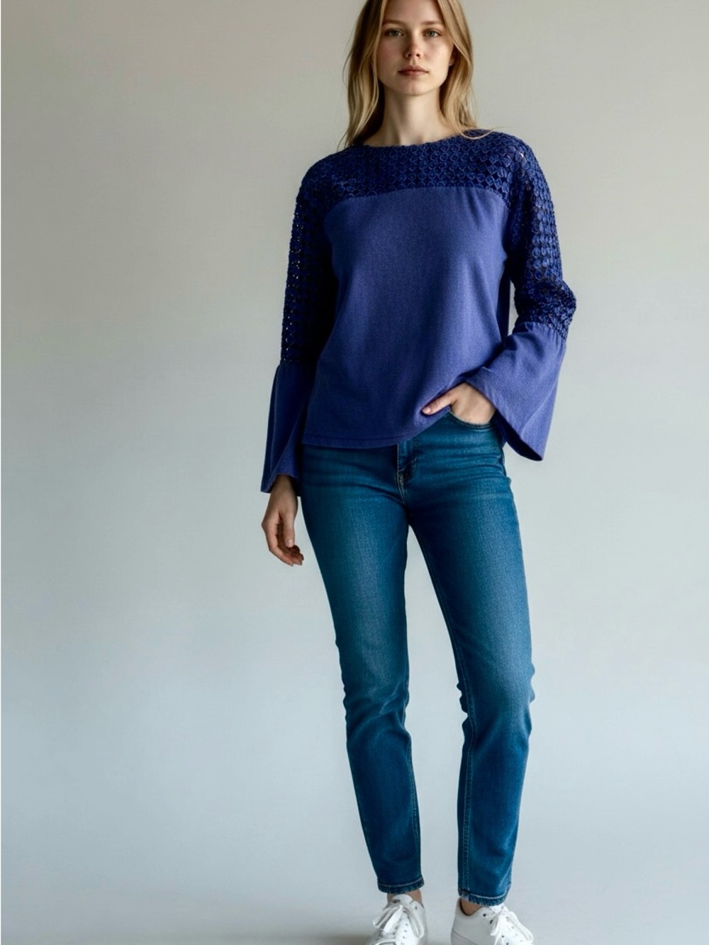 Chico's Royal Blue Crochet Yoke Bell Sleeve Tunic